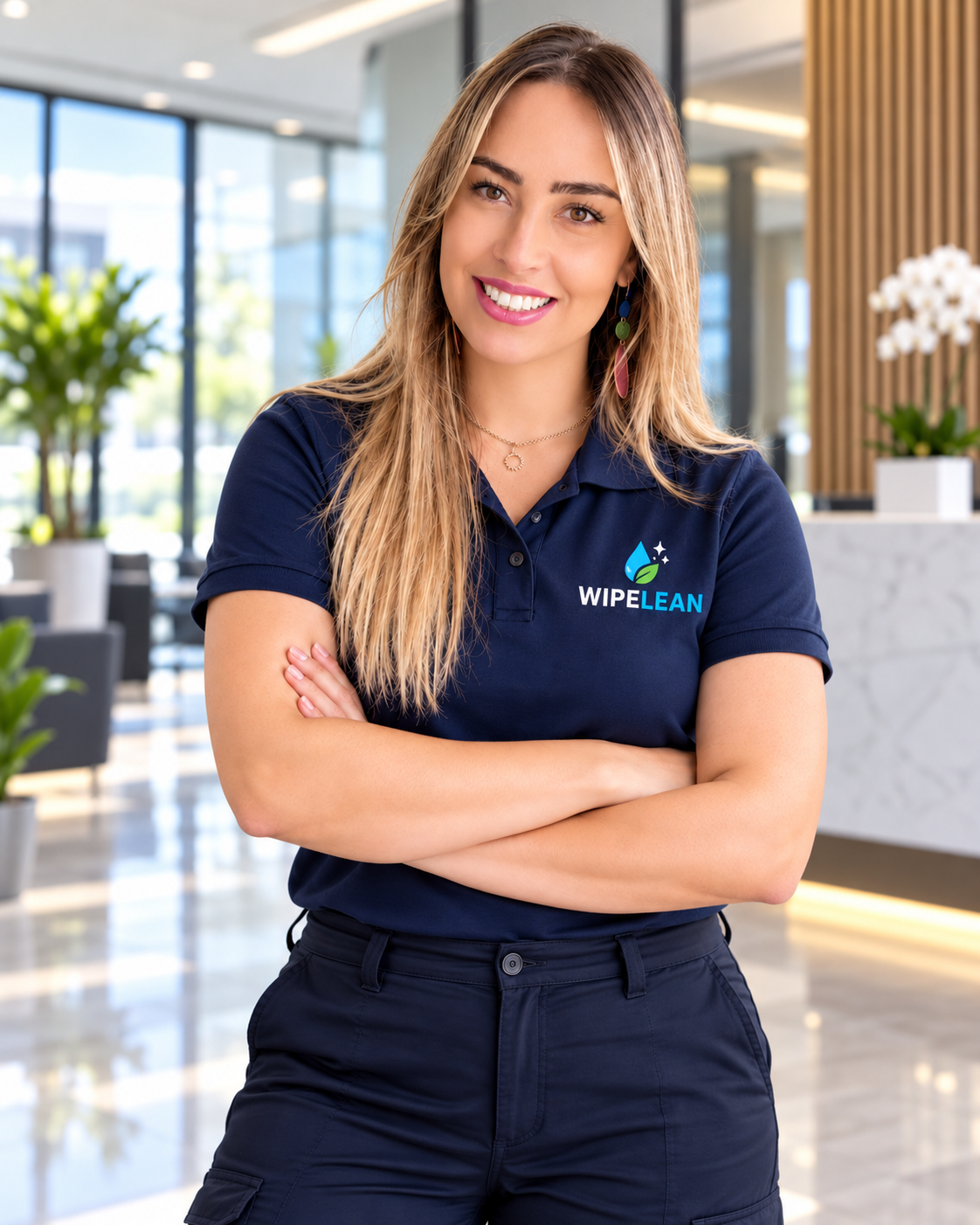 Profissional TIMPBLUE de uniforme, sorrindo de braços cruzados
